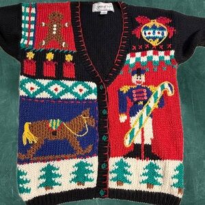 VINTAGE 80s 90s Christmas holiday knit sweater cardigan nutcracker rocking horse
